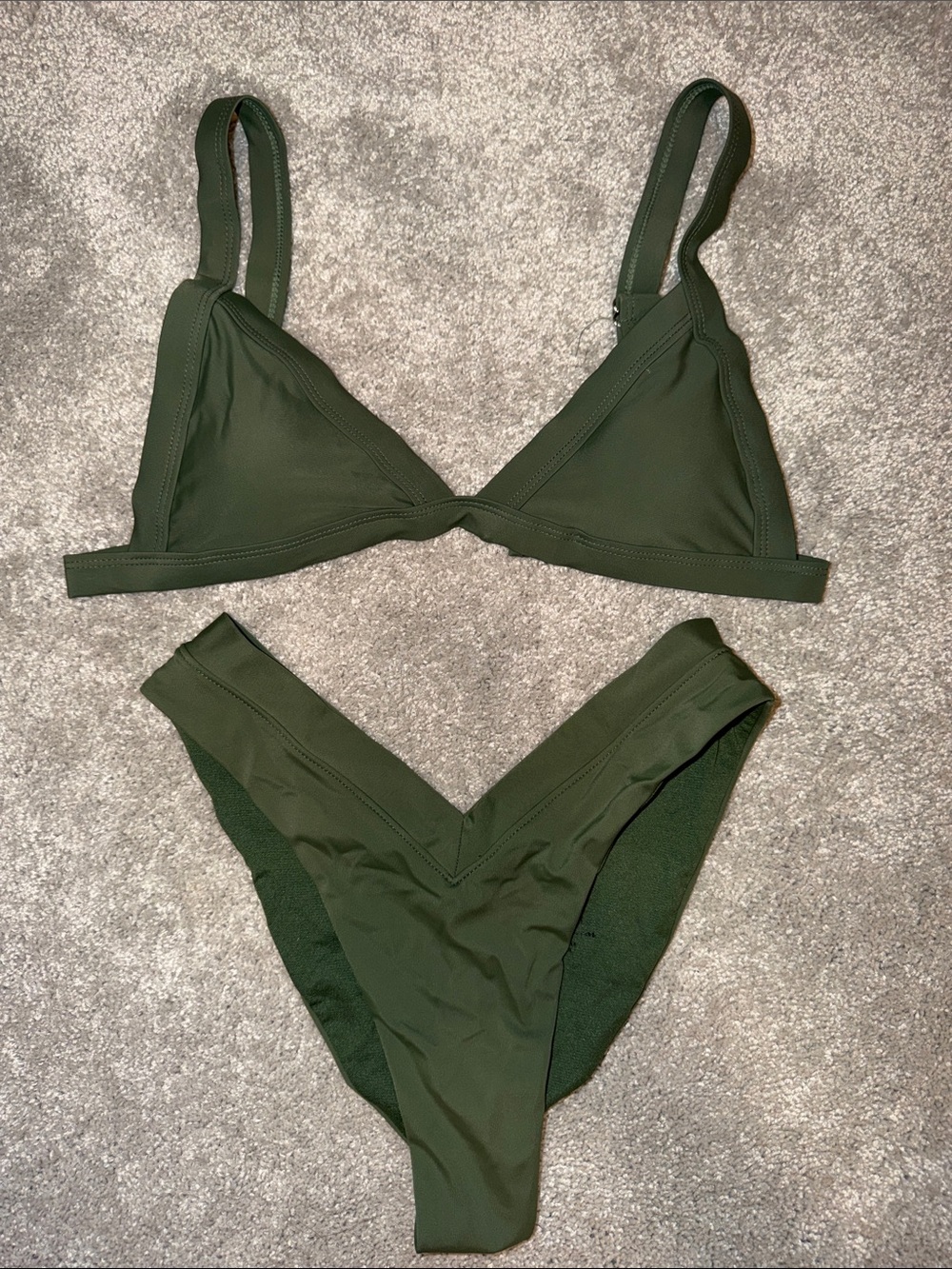 Olive Green V‑Neck Triangle Bikini Set (small top, medium bottoms)